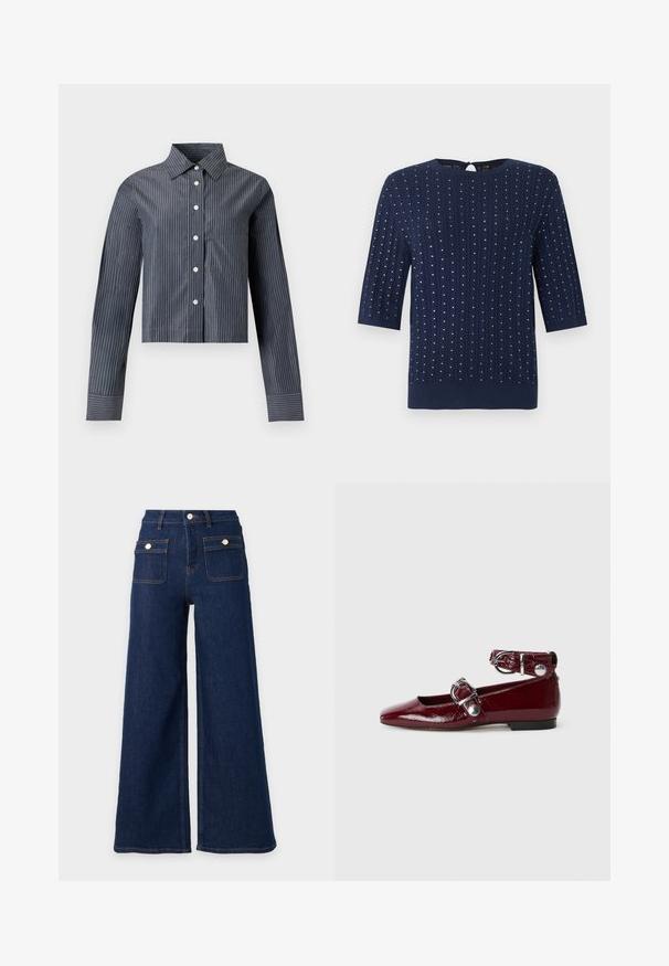 Haut en maille bleu marine avec manches trois-quarts, motif torsadé vertical et petits clous argentés espacés uniformément, encolure ronde avec boucle pour bouton dans le dos.; Chemise courte gris foncé à fines rayures blanches verticales, manches longues, col pointu et poche poitrine avant.; Jeans en denim bleu foncé à jambes larges, taille haute et deux poches avant à rabat avec boutons.; Ballerines en cuir verni bordeaux avec un bout pointu, une bride de cheville avec une boucle en argent et un petit talon. Texture lisse sur l'ensemble.