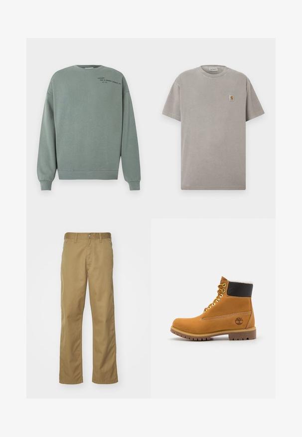 Støvet grøn sweatshirt med lange ærmer og lille sort tekst, der lyder "Carhartt Work In Progress (Detroit) 1989 A.C 313" på øverste venstre bryst.; Grå bomuld t-shirt med korte ærmer, rund hals og en lille firkantet logo-patch på venstre bryst. Glat tekstur og afslappet pasform.; Khaki chinos med lige bendesign, lavet af glat bomuldsstof. Har en knaplukning foran og sidelommer.; Brune læder ankelstøvle med metaløjer, hvid pelsforing, sort polstret krave, robust sål og præget logo på siden.