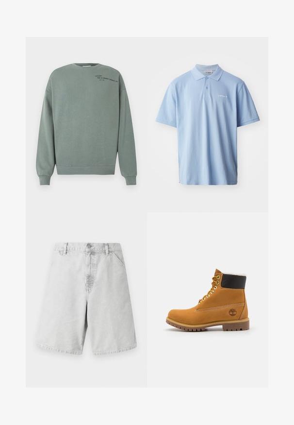 Støvet grøn sweatshirt med lange ærmer og lille sort tekst, der lyder "Carhartt Work In Progress (Detroit) 1989 A.C 313" på øverste venstre bryst.; Lyseblå bomulds polo med korte ærmer, tre knaplukninger og broderet logo på venstre bryst. Glat tekstur.; Lys grå bomuldsshorts med klassisk pasform, der har lynlås, bæltestropper og sidelommer. Glat tekstur med enkelt design.; Brune læder ankelstøvle med metaløjer, hvid pelsforing, sort polstret krave, robust sål og præget logo på siden.
