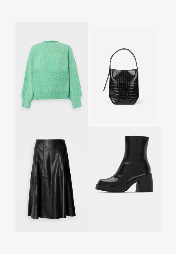 Pull en maille vert menthe doux avec manches longues bouffantes, poignets côtelés, encolure ronde et ourlet côtelé.; Jupe en cuir noir avec une silhouette évasée, présentant des coutures visibles et une texture lisse. Conception mi-longue avec une coupe classique.; Bottines noires à finition brillante, bout carré et épais talon bloc. Le design présente une silhouette homogène et un branding minimal.; Sac seau en cuir embossé noir façon croco avec une seule bandoulière et un petit logo argenté de la marque au centre en bas à l'avant.