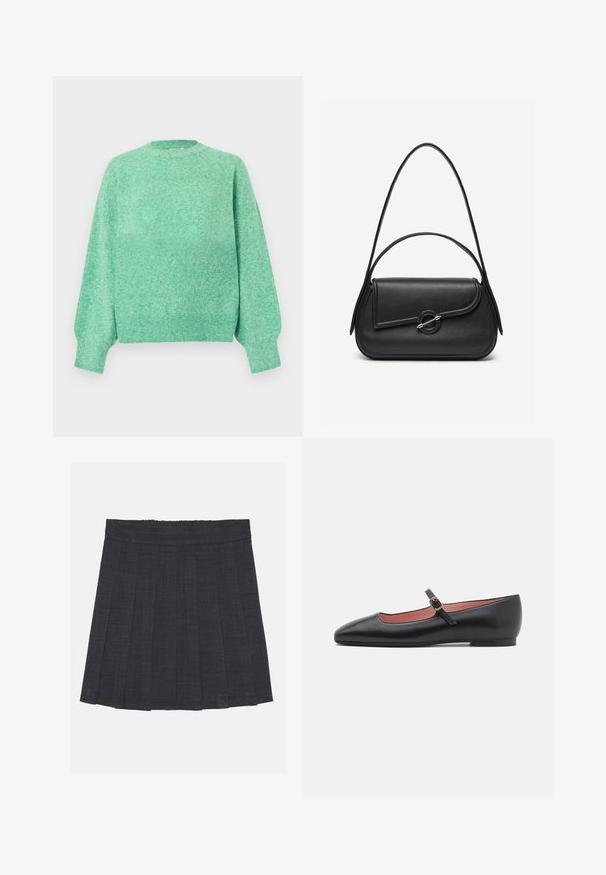 Blød mintgrøn strikket sweater med lange puffede ærmer, ribstrikkede manchetter, rund halsudskæring og ribstrikket kant.; Mørkegrå plisseret nederdel med elastisk talje, der har et struktureret stof og en klassisk A-formet silhuet. Velegnet til hverdag.; Sorte lædersandaler med spids tå og ankelrem, der har en gylden spænde. Glat tekstur med en let blank finish.; Sort læderhåndtaske med afrundede kanter, asymmetrisk klap, metalcirkulært spænde samt både korte og lange skulderstropper.