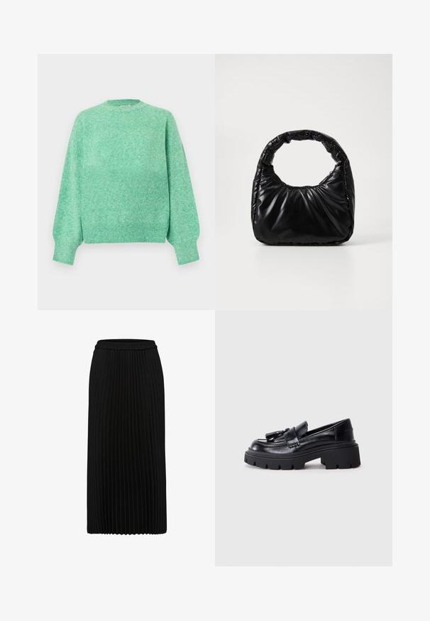 Blød mintgrøn strikket sweater med lange puffede ærmer, ribstrikkede manchetter, rund halsudskæring og ribstrikket kant.; Sort plisseret midinederdel med elastik i taljen og lodrette folder, vist mod en hvid baggrund.; Sorte læder loafers med en klumpet, bølget sål, der har en dekorativ kvast på forsiden og en glat, blank overflade.; Sort polstret håndtaske med et rundt håndtag, der har en glat, skinnende overflade og en blød, kviltet tekstur. Ingen synlige hardware eller accenter.
