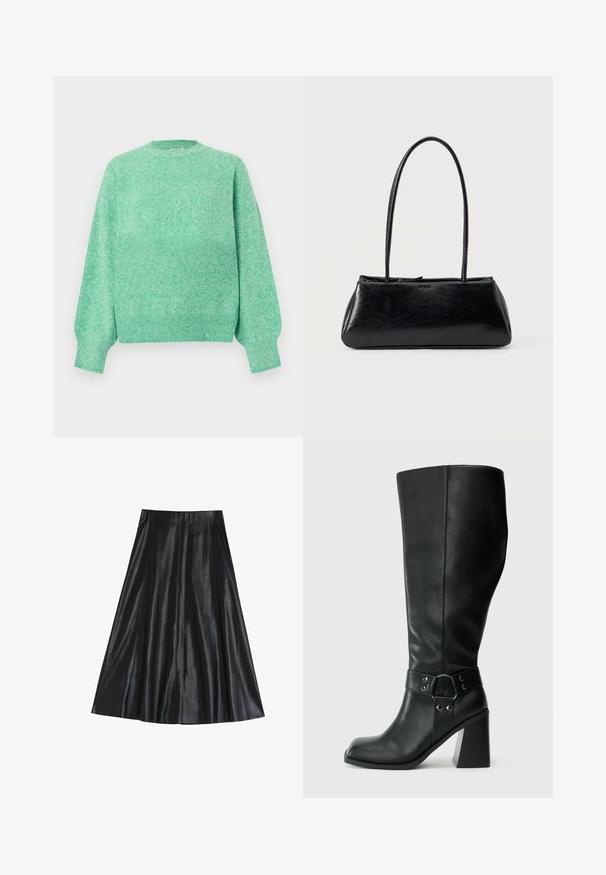 Blød mintgrøn strikket sweater med lange puffede ærmer, ribstrikkede manchetter, rund halsudskæring og ribstrikket kant.; Sort læder midi-nederdel med en udvidet facon, der har en glat tekstur og plisseret design for ekstra volumen. Ingen synlig hardware eller detaljer.; Knæhøje sorte læderstøvler med firkantet tå, bred hæl og en dekorativ rem med metalaccenter omkring anklen. Glat tekstur.; Sort rektangulær skuldertaske med lange tynde stropper og en glat, blank tekstur på en ensfarvet baggrund.