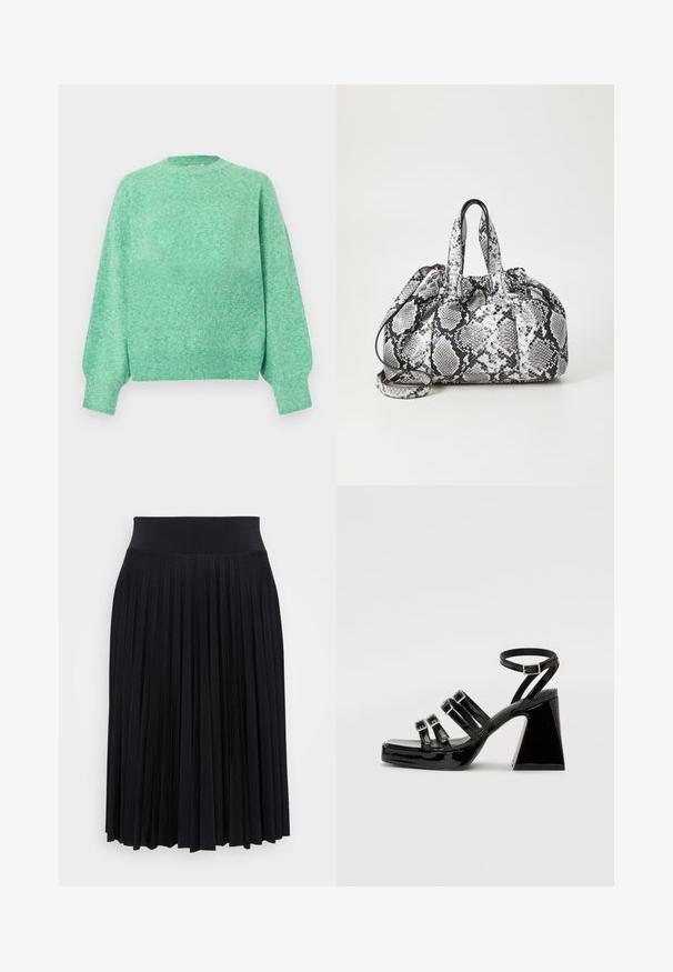 Weicher mintgrüner Strickpullover mit langen, aufgeplusterten Ärmeln, gerippten Bündchen, rundem Ausschnitt und geripptem Saum.; Schwarzer, plissierter Rock mit einem breiten Bund, gefertigt aus einem weichen Material. Verfügt über vertikale Falten für zusätzliche Textur und Bewegungsfreiheit.; Schwarze Lackleder-Pumps mit einem Quadratzehen, mehrfacher Riemen-Design, verstellbarem Knöchelriemen und einem klobigen geometrischen Absatz.; Schwarz-weiße Handtasche im Schlangenhautmuster mit zwei Griffen, einem Kordelzugverschluss und einem abnehmbaren Schultergurt. Glatte Textur.