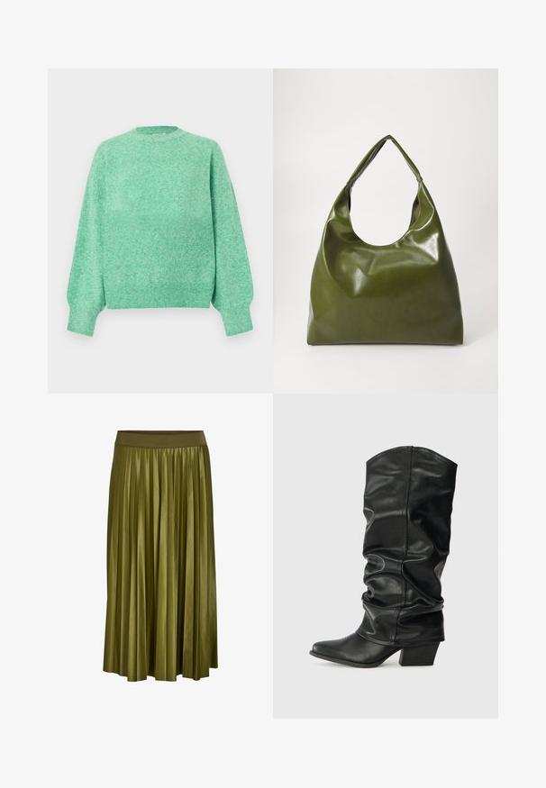 Suéter tejido color verde menta suave con mangas largas abullonadas, puños acanalados, escote redondo y dobladillo acanalado.; Falda midi plisada verde caqui con cintura elástica ancha y textura de tela suave.; Botas de cuero negro hasta la rodilla con un diseño arrugado, punta afilada y un tacón grueso, con una textura suave y una costura mínima.; Bolsa hobo verde de cuero con un diseño suave, asa curvada y textura lisa. No contiene hardware visible ni acentos.
