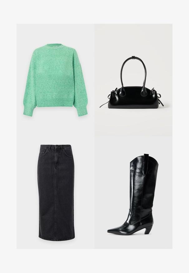 Weicher mintgrüner Strickpullover mit langen, aufgeplusterten Ärmeln, gerippten Bündchen, rundem Ausschnitt und geripptem Saum.; Schwarzer Denim-Midirock mit geradem Schnitt, Fünf-Taschen-Design und Knopfverschluss. Verfügt über einen rohen Saum und dezente, ausgebleichte Textur.; Schwarze kniehohe Stiefel aus Leder mit spitzem Zeh, niedrigem Absatz und dekorativen Nähten an den Seiten. Glatte, glänzende Oberfläche.; Kleine schwarze glänzende Handtasche mit zwei langen Griffen und seitlichen Kordelzug-Details vor einfachem hellem Hintergrund.