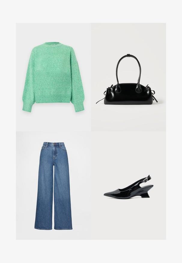 Zachte muntgroene gebreide trui met lange opgeblazen mouwen, geribbelde boorden, ronde hals en geribbelde zoom.; Wijde jeans in mediumblauwe denim met een hoge taille, riemlussen en knoopsluiting. Gladde textuur met minimale stikdetails.; Zwarte lakleren slingback schoen met spitse neus en lage schuine blokhak op een effen lichte achtergrond.; Kleine zwarte glanzende handtas met twee lange hengsels en zijkant trekkoord details op een effen lichte achtergrond.