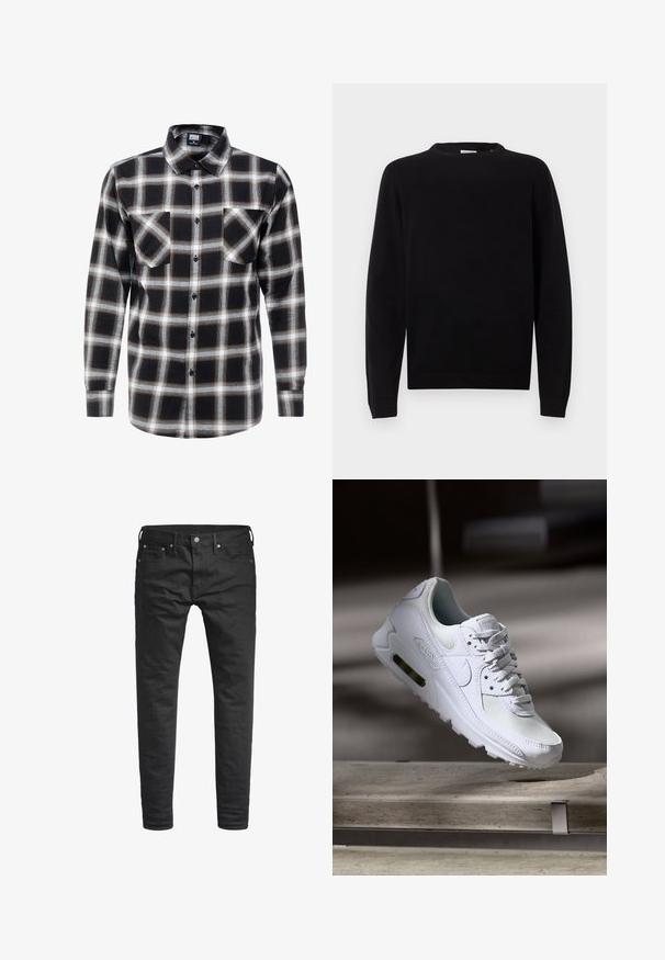 Sorte strikket sweater med rund hals, lange ærmer og ribbede manchetter og kant. Glat tekstur med et minimalistisk design.; Langærmet ternet skjorte i sort, hvid og brun. Har en krave med knaplukning og to brystlommer med knaplukning.; Sorte slim-fit jeans med forlommer, bæltestropper og en knappelukning, præsenteret mod en hvid baggrund.; Hvide Nike Air Max 90 sneakers med en overdel i mesh og læder, perforeret tåboks og en synlig luftenhed i hælen.