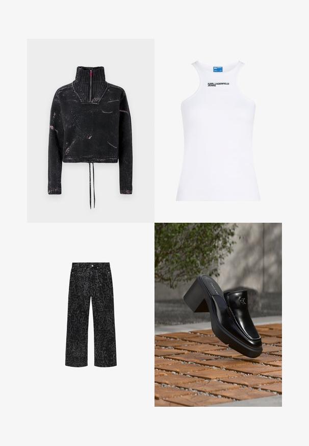 Pull court noir avec un col montant, une fermeture à moitié éclair, un tissu texturé et un motif éclaboussé rose sur le devant et les manches.; Débardeur blanc sans manches côtelé avec un col montant et l'inscription « KARL LAGERFELD JEANS » en noir sur la poitrine.; Jean noir à jambes larges avec motif léopard gris foncé, poches avant, fermeture par bouton et zip.; Mule slip-on en cuir noir Calvin Klein avec talon bloc reposant sur des carreaux en bois à l'extérieur près d'une plante verte et d'un mur gris.