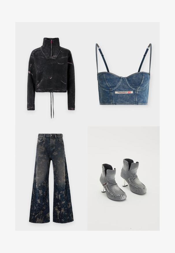 Sort kort trøje med høj krave, halv lynlås, tekstureret stof og pink sprøjt mønster på fronten og ærmerne.; Denimblå cropped bustier top med justerbare tynde stropper, bægerdetaljer og et Diesel Industry-mærke foran i midten.; Mørkeblå vide bukser i jeans med en slidt, syrevaske-overflade og klassisk fem-lommerdesign.; Grå denim ankelstøvler med en frynset kant, sort fleece-foring og skinnende sølvhæle. Unikt design med en foldet krave og struktureret overflade.