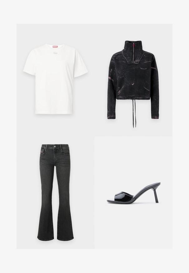 Pull court noir avec un col montant, une fermeture à moitié éclair, un tissu texturé et un motif éclaboussé rose sur le devant et les manches.; T-shirt en coton blanc avec un col rond, des manches courtes et un petit logo argenté sur le devant. Design simple et épuré.; Jean en denim noir à coupe évasée, avec une taille mi-haute, un design à cinq poches et des détails de couture sur les poches. Texture lisse avec un léger éclat.; Sandales à talons ouverts en cuir verni noir, avec un design supérieur incurvé et un talon aiguille effilé. Finition lisse et brillante.