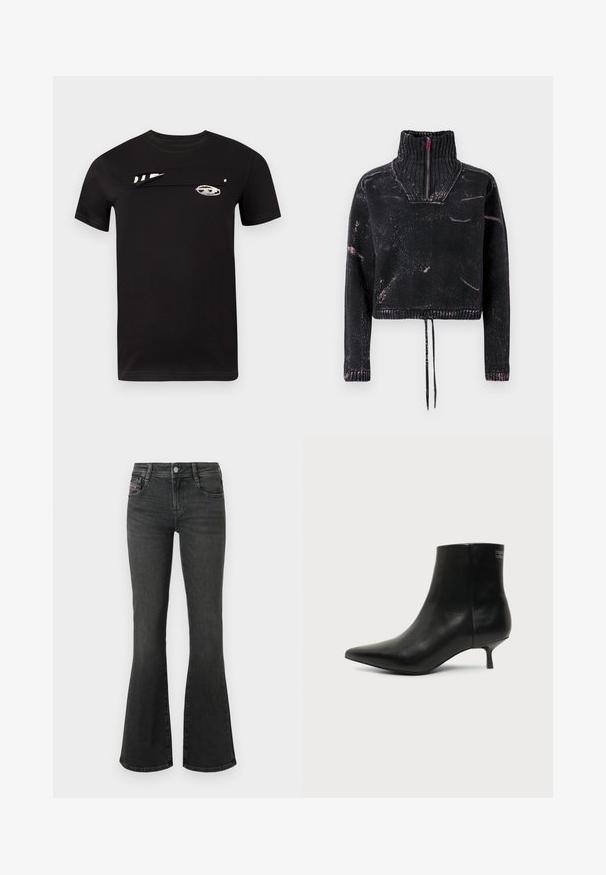 Pull court noir avec un col montant, une fermeture à moitié éclair, un tissu texturé et un motif éclaboussé rose sur le devant et les manches.; T-shirt en coton noir à manches courtes, présentant un design unique à l'avant et des graphismes blancs. Texture lisse et col rond standard.; Jean en denim noir à coupe évasée, avec une taille mi-haute, un design à cinq poches et des détails de couture sur les poches. Texture lisse avec un léger éclat.; Bottine en cuir noir avec bout pointu et petit talon kitten sur fond clair, vue côté extérieur.