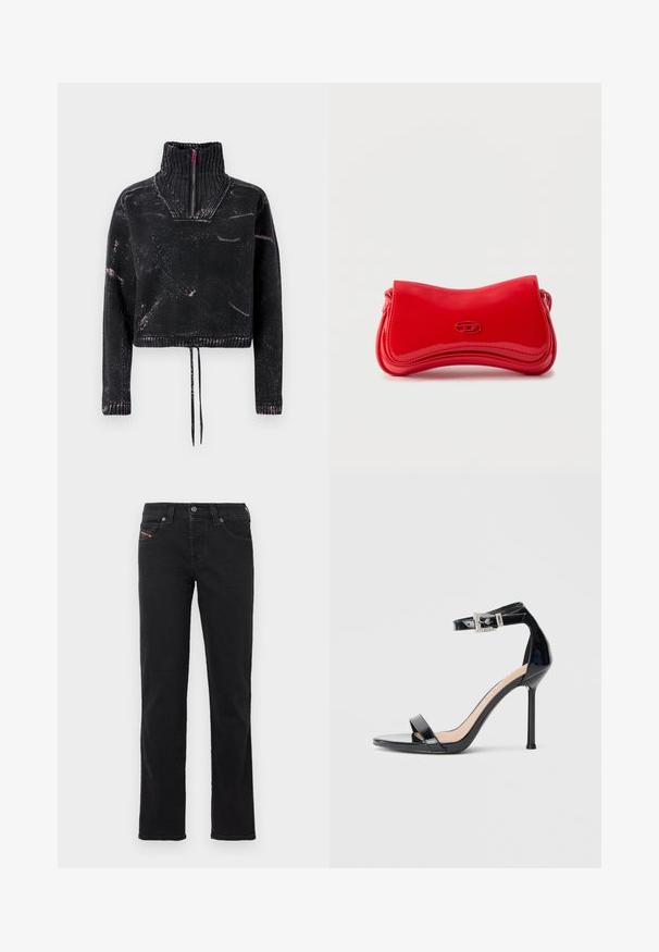 Pull court noir avec un col montant, une fermeture à moitié éclair, un tissu texturé et un motif éclaboussé rose sur le devant et les manches.; Jean en denim noir avec une coupe droite, doté d'une fermeture à boutons sur le devant, de cinq poches et de détails de couture subtils.; Sandale à talon haut en cuir verni noir avec bride à la cheville. Présente un design minimaliste, un bout ouvert et une boucle ornée de strass.; Sac à main rouge brillant aux courbes douces avec un petit logo ovale sur le devant, présenté sur un fond clair uni.
