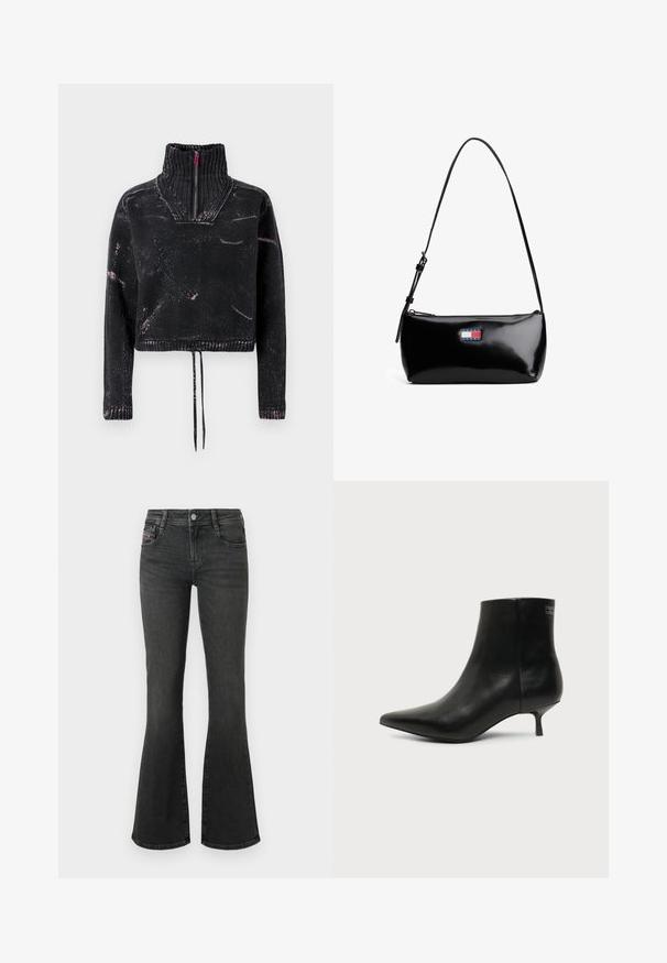 Sort kort trøje med høj krave, halv lynlås, tekstureret stof og pink sprøjt mønster på fronten og ærmerne.; Sorte denimflare jeans med mellemhøjt talje, fem-lomme design og syningsdetaljer på lommerne. Glat tekstur med let skær.; Sort læder ankelstøvle med spids tå og lav kitten hæl på lys baggrund, der viser yderside.; Sort patenteret læder skuldertaske med en buet rem, lynlåslukning og et rektangulært logo patch i rød, hvid og blå.