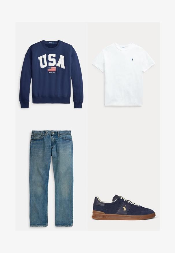 Marineblauwe sweatshirt met "USA" in witte letters, voorzien van een kleine Amerikaanse vlag en "POLO" eronder. Geribbelde boorden aan mouwen en zoom. Zachte katoenmix.; Witte katoenen t-shirt met korte mouwen, ronde hals en een klein marineblauw logo op de linkerborst. Glad textuur en klassieke pasvorm.; Lichtblauwe denim jeans met een rechte pijpvorm, voorzien van vijf zakken, een knoopsluiting en subtiele vervaging voor textuur.; Marineblauwe lage sneaker met witte veters, bruine zool en Polo-spelerlogo aan de zijkant, gezien van links.
