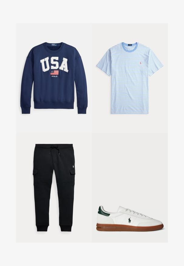Laivastonsininen collegepaita, jossa valkoisilla kirjaimilla "USA" ja pieni amerikkalainen lippu sekä "POLO" alla. Resorit hihansuissa ja helmassa. Pehmeä puuvillasekoite.; Lyhythihainen pyöreäkauluksinen paita, jossa vaaleansinivalkoiset vaakaraitakuviot ja vasemmassa rinnassa pieni punainen kirjailtu hevosen logo.; Mustat cargo-jogger-housut, joissa on kiristysnauhavyötärö, sivutaskut kannella, resorit lahkeensuissa ja pieni valkoinen polo-pelaajan logo oikeassa reisissä.; Valkoinen nahkakenkä, jossa on vihreä kantapääkorostus, teksturoitu mokkangosa, kumipohja ja kirjailtu logo sivulla. Varustettu nauhakiristysdesignilla.