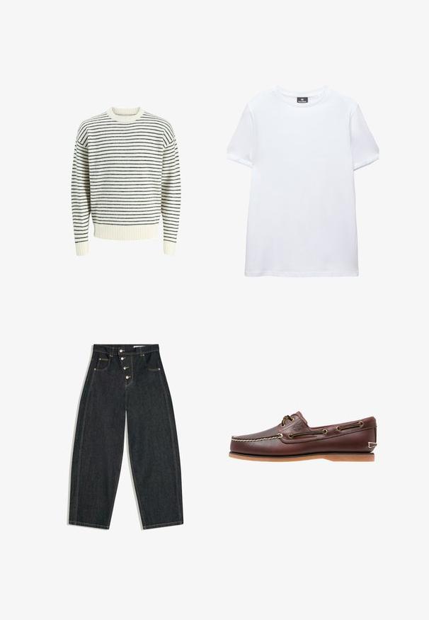 Stripet sweater i creme og sort. Har en rund halsudskæring, ribbede manchetter og kant. Fremstillet af tekstureret strikstof. Casual pasform.; Simpel hvid t-shirt med korte ærmer og rund halsudskæring med en sort Pull&Bear mærkat indeni kraven, vist på en hvid baggrund.; Sort, højtaljede cowboybukser i denim med vide ben, fire knapper foran, forlommer med nitter og kontrastsyning.; Brun læder bådsko med hvide sømme, snøre detaljer og lysbrun gummisål, vist fra siden på hvid baggrund.