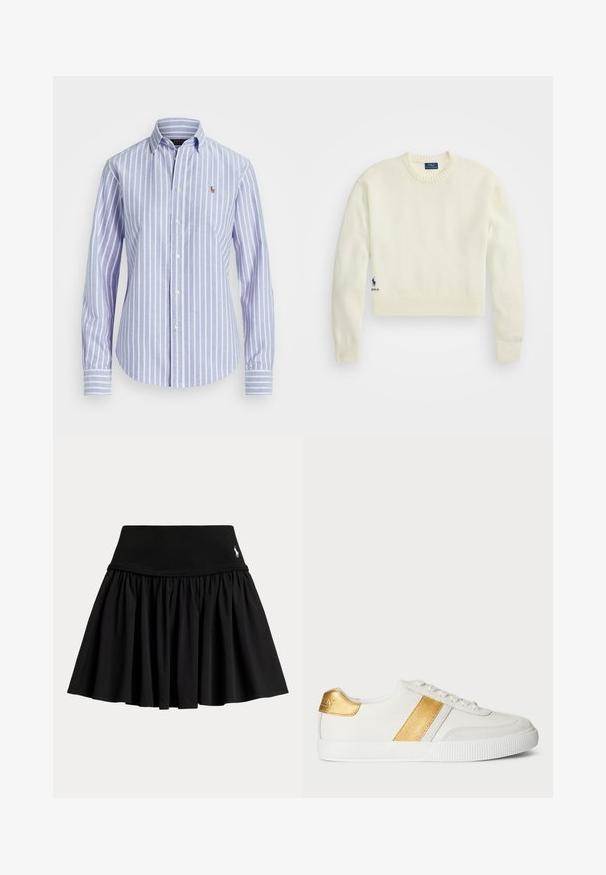 Crème-kleurige cropped trui gemaakt van zacht materiaal. Heeft een geribbelde halslijn en zoom, met een klein blauw logo op de linkeronderzijde.; Blauw en wit gestreept overhemd met knoopsluiting en kraag, voorzien van een klein geborduurd logo op de borst en knoopmanchetten. Zachte stofstructuur.; Zwarte geplooide rok met brede tailleband en klein wit logo geborduurd vlakbij de rechterbovenkant.; Witte sneakers van synthetisch materiaal, voorzien van een metallic gouden streep en hakaccent, met een gestructureerde rubberen zool.