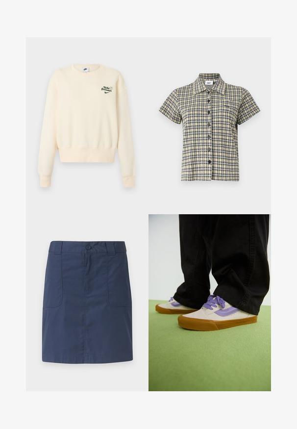 Kremfarvet Nike-sweatshirt med lange ærmer og grøn "Nike Summer" tekst samt solgrafik på venstre bryst.; Kortærmet skjorte med knapper, gult, sort og hvidt ternet mønster og krave, vist mod en ensfarvet baggrund.; Mørkeblå bomuldsskjørt med knapper foran og bæltestropper, udstyret med to store forlommer og lige kant.; Lyse beige sneakers med lilla accenter, gummisål og flade snørebånd. Båret med sorte bukser, vist på en grøn struktureret overflade.