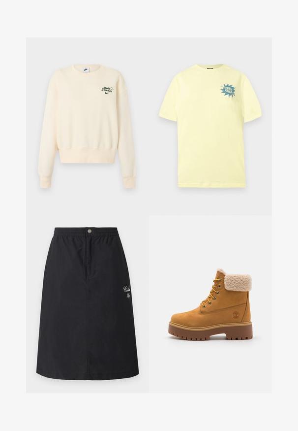 Nike-Sweatshirt in Cremefarbe mit langen Ärmeln und grünem "Nike Summer" Schriftzug sowie Sonnenmotiv auf der linken Brust.; Hellgelbes T-Shirt mit kurzen Ärmeln, kleinem blauen Sonnenmotiv und dem Schriftzug "Santa Cruz" auf der linken oberen Brust.; Schwarzer Rock aus leichtem Stoff, mit elastischem Bund und vorderer Knopfleiste, seitlich mit Stickereien verziert.; Beige Wildlederstiefel mit einem Kunstfellkragen, goldenen Ösen und einer kontrastierenden Gummisohle. Mit einem Logo an der Seite und strukturiertem Profil.
