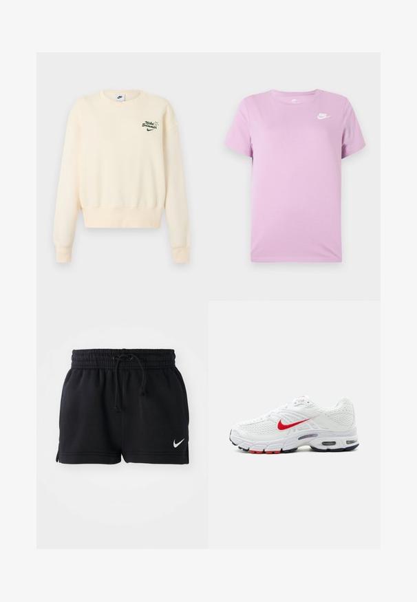 Kreemivärvi Nike pusa pikkade varrukatega, vasakul rinnal roheline "Nike Summer" tekst ja päikesemotiiv.; Lilla lühikeste varrukatega Nike T-särk, millel on valge Nike logo vasakul rinnaümbruses, ümmargune kaelus ja üksvärviline kangas.; Mustad mustad jalgpalli šortsid pehmest kangast, elastse vöökoha ja nööriga, külgslõhedega ning väikese valge logoga allservas.; Valge sportlik toss punase Nike'i logoga, võrkudest detailide, pehme tallaga, mille sees nähtavad õhuüksused, ning musta ja punase tallaga aktsentidega.