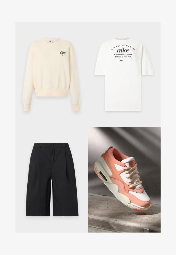 Φόρμα Nike σε κρεμ χρώμα με μακριά μανίκια και πράσινο κείμενο "Nike Summer" με γραφικό ήλιο στην αριστερή πλευρά του στήθους.; Λευκό μπλουζάκι Nike με μαύρο κείμενο "ATHLETICS nike Department Since 1972" και μικρό λογότυπο Nike swoosh κάτω από το κείμενο.; Μαύρα σορτς μήκους έως το γόνατο με κούμπωμα με κουμπί και θηλιές για ζώνη, κατασκευασμένα από λείο ύφασμα, εμφανιζόμενα σε απλό ανοιχτό φόντο.; Αθλητικά παπούτσια με απαλό ροζ και λευκό άνω μέρος, υφασμάτινη επένδυση από σουέτ, επενδεδυμένο κολάρο και ορατή μονάδα αέρα στη φτέρνα. Σόλα σε κρέμα χρώμα.