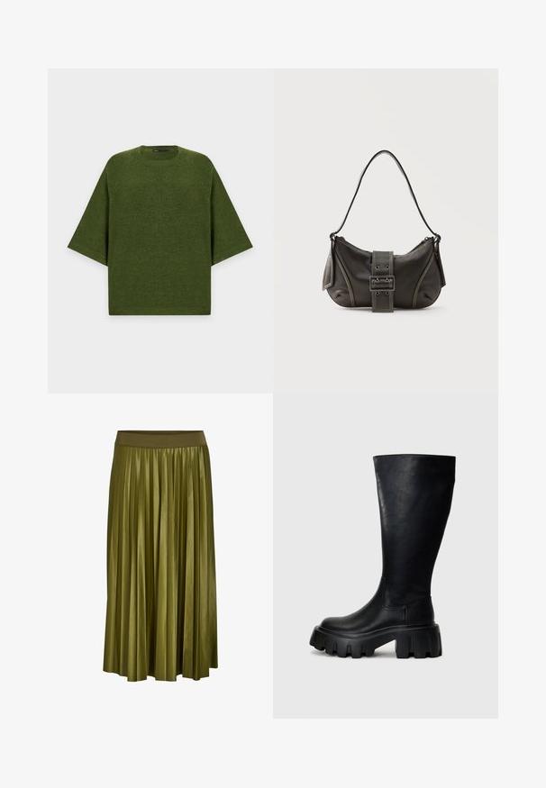 Jersey de punto verde de manga corta con cuello redondo y ajuste suelto sobre un fondo liso y claro.; Falda midi plisada verde caqui con cintura elástica ancha y textura de tela suave.; Botas negras hasta la rodilla hechas de cuero suave con suela gruesa, con punta redondeada, paneles laterales elásticos y un discreto detalle de costura.; Bolso de hombro de cuero negro con detalle de correa con hebilla, bordes curvos y costuras blancas en contraste sobre un fondo liso.
