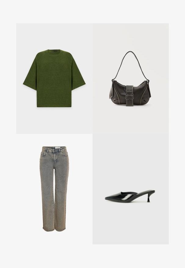 Grøn kortærmet strikket sweater med rund halsudskæring og løs pasform på en ensfarvet lys baggrund.; Gråvasket denimjeans med lige ben, forlommer, bæltestropper og lukning med knap og lynlås i taljen.; Sorte patenterede lædermules med spids tå, lav kittenheel og buede sider, der har en glansfuld finish og minimalistisk design.; Sort læder skuldertaske med spænde på remmen, afrundede kanter og kontrasterende hvide syninger på en ensfarvet baggrund.