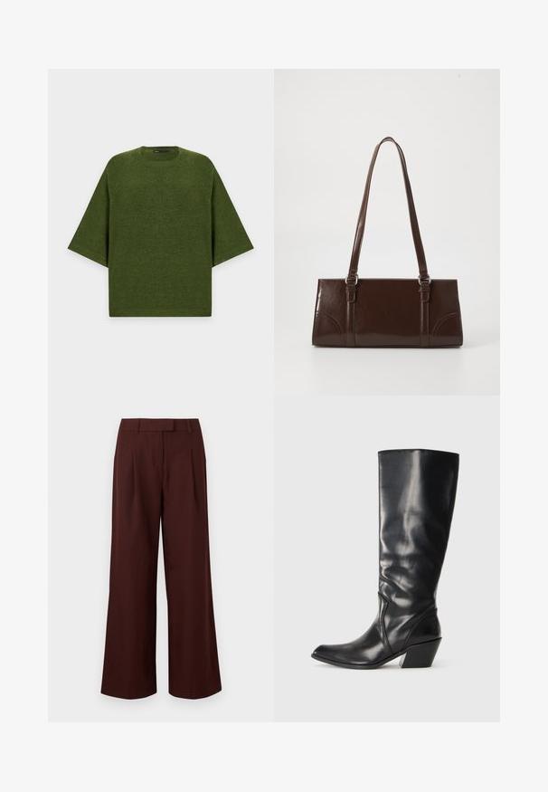 Pull tricoté vert à manches courtes avec un col rond et une coupe ample sur un fond clair uni.; Pantalon à jambes larges et taille haute de couleur marron foncé, avec passants de ceinture et plis sur le devant, présenté sur un fond blanc uni.; Botte en cuir noir montante jusqu'au genou avec un bout pointu, un talon angulaire et une texture lisse. Présente une subtile couture sur le côté.; Sac à main en cuir verni marron de forme rectangulaire, avec deux longues poignées et des accents courbés subtils à l'avant.