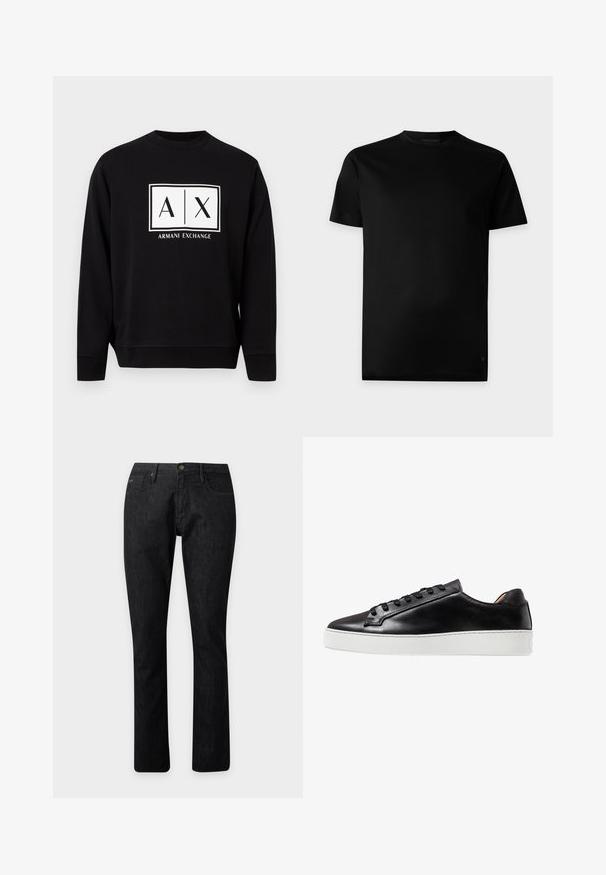 Čierna dlhá mikina s bielym obdĺžnikovým logom s nápisom "A|X" a "Armani Exchange" umiestneným uprostred na hrudi.; Jednoduché čierne tričko s krátkym rukávom a okrúhlym výstrihom, zobrazené spredu na svetlošedom pozadí.; Čierne rifle rovného strihu s predným zapínaním na gombík a zips, s pútkami na opasok a dizajnom s piatimi vreckami.; Čierne kožené tenisky s hladkým povrchom, biele gumové podrážky, šnurovanie a minimalistické dizajnové akcenty.
