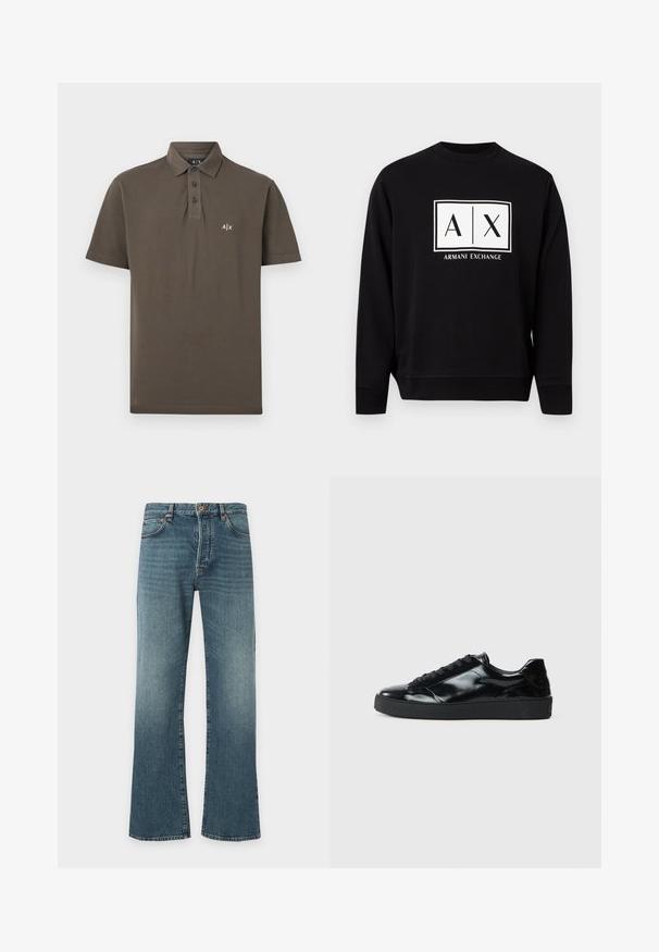 Sweat-shirt noir à manches longues avec un logo rectangulaire blanc comportant les inscriptions "A|X" et "Armani Exchange" centrées sur la poitrine.; Polo marron à manches courtes avec trois boutons noirs et petit logo blanc A|X sur la poitrine gauche.; Jean en denim bleu avec un léger évasement en bas, design classique à cinq poches, fermeture par bouton et fermeture éclair, et légère décoloration sur les cuisses.; Baskets en cuir verni noir avec un bout arrondi, un laçage, une semelle en caoutchouc texturé et une finition lisse.
