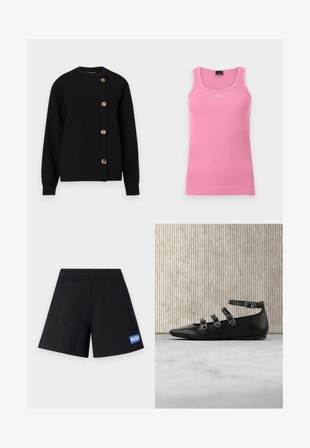 Sort sweatshirt lavet af blødt stof, med en rund halsudskæring, lange ærmer og guldlogo knapper langs fronten.; Lyserød ribbet ærmeløs tanktop med firkantet halsudskæring og lille hvidt broderet logo midt på brystet.; Sorte shorts med en afslappet pasform, elastisk talje og blå "HUGO" logo på venstre lår; lavet af blødt, åndbart materiale.; Sort læder flad sko med spids tå, der har tre justerbare remme og metalspænder. Glat tekstur og minimalistisk design.