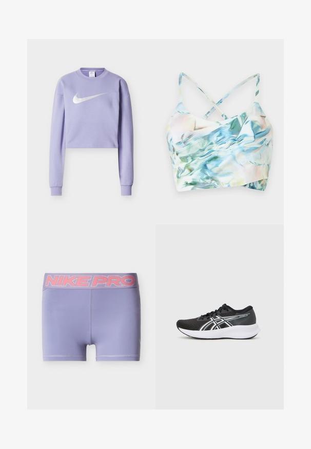 Svetlofialová krátka mikina z mäkkej látky s veľkým strieborným logom Nike na prednej strane a rebrovanými manžetami.; Predný pohľad na skrátený bikiny top v mnohofarebnom, iridiscentnom materiáli s prekríženými ramienkami, ktorý má vlnitý vzor v odtieňoch modrej a zelenej.; Fialové športové šortky so širokým elastickým pásom Nike Pro v ružovej farbe. Hladká, ľahká tkanina s priliehavým strihom bez výrazných textúr.; Čierne športové topánky s textúrovaným sieťovaným zvrškom, bielymi akcentmi a polstrovanou bielou podrážkou. Na boku majú logo a šnúrky.