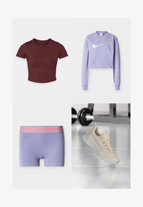 Hellviolettes, kurz geschnittenes Sweatshirt aus weichem Stoff mit einem großen silbernen Nike-Logo auf der Vorderseite und gerippten Bündchen.; Bordeauxfarbene kurze T-Shirt aus glattem Stretchstoff. Es hat kurze Ärmel und einen runden Ausschnitt, mit einem dezenten Logo auf der Brust.; Lila sportliche Shorts mit einem breiten elastischen Nike Pro-Bund in Pink. Glatter, leichter Stoff mit körpernaher Passform und ohne ausgeprägte Strukturen.; Leichter Sneaker in einem sanften Beigeton. Verfügt über ein strukturiertes Obermaterial, flache Schnürsenkel und eine dicke, profilierte Sohle mit dezenten Markenakzenten.