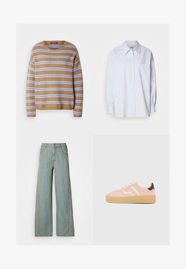 Mos Mosh TWO STRIPE - Svetrík - true camel; Svetlomodrá košeľa s gombíkmi vyrobená z bavlny. Má špicatý golier, dlhé rukávy a jednú vrecko na hrudi. Hladká textura.; Svetlomodré široké džínsy vyrobené z denimu, so zapínaním na gombík a zips, piatimi vreckami a kontrastným šitím.; Svetloružová semišová teniska s béžovou gumovou podrážkou, krémové šnúrky, krémové bočné pruhy, tmavohnedý akcent na päte a logo „GANT“ na boku.