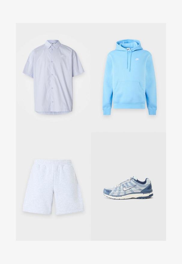 Hele sinine Nike kapuutsiga dressipluus esitasku, reguleeritava nööriga kapuutsiga ja väikese valge Nike logoga rinnal, ühtlase tausta ees.; Hele sinine lühikeste varrukatega särk, mis on valmistatud siledast kangast, millel on nööpidega disain ja rinnal väike valge Nike logo.; Heledad hallid vabaaja lühikesed püksid elastse vöökoha ja küljetaskutega, laotatud valgele taustale.; Hele sinine atleet jalanõud kihiliste võrgu ja sünteetilise materjaliga, valge tald, tumedat sinist aktsente ja brändingut küljel.
