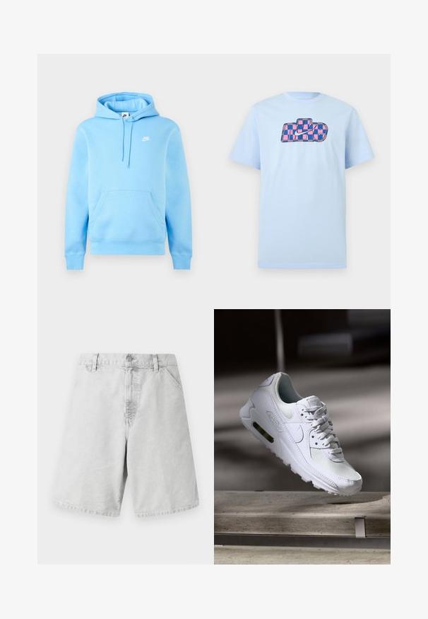 Lichtblauwe Nike hoodie met voorzak, verstelbare trekkoordkap en klein wit Nike-logo op de borst tegen een effen achtergrond.; Lichtblauw T-shirt met korte mouwen en een roze-blauw geruit Nike-logo en swoosh, gecentreerd op de borst.; Lichtgrijze katoenen shorts met een klassieke snit, voorzien van een ritssluiting, riemlussen en zijzakken. Gladde textuur met een eenvoudig ontwerp.; Witte Nike Air Max 90 sneaker met een bovenwerk van mesh en leer, een geperforeerde teenbox en een zichtbare luchtunit in de hiel.