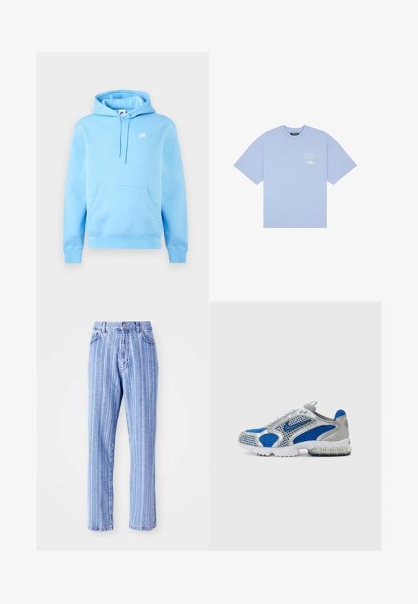 Világoskék Nike kapucnis pulóver elülső zsebbel, állítható húzózsinóros kapucnival és kis fehér Nike logóval a mellkasnál, egyszínű háttér előtt.; Világoskék, rövid ujjú, kerek nyakú póló kis fehér szöveggel és logóval a bal mellrészen.; Világoskék farmernadrág függőleges fehér csíkokkal, egyenes szabással, öt zsebes stílussal és gombos záródással a deréknál.; Kék és ezüst sportcipők hálós panelek, párnázott bokarész és áttetsző talp kék részletekkel. A kontrasztos cipőfűzők teszik teljessé a megjelenést.