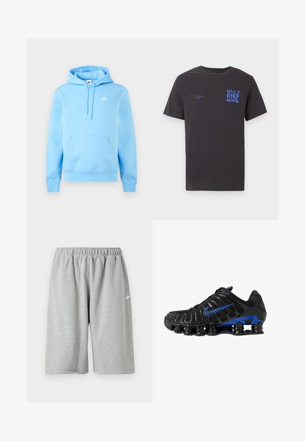 Hele sinine Nike kapuutsiga dressipluus esitasku, reguleeritava nööriga kapuutsiga ja väikese valge Nike logoga rinnal, ühtlase tausta ees.; Must lühikeste varrukatega ümara kaelusega T-särk, millel on rinnal sinine "NIKE" tekst gooti kirjas ning vasakul küljel väiksem tekst "NIKE AIR INCORPORATED 1972".; Hallid puuvillased püksid elastse vöökoha ja lahtise lõikega, väike valge logo ääre lähedal. Sile tekstuur, pikkus üle põlve.; Mustmust mustreketega on võrgust pealmine osa ja läikivad aktsendid. Omab sinist sisselõiget, pehmet kaelust ning silmapaistvat musta kummist tallat, kus on nähtav pehmendus.