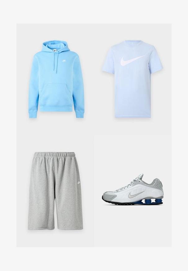 Lyseblå Nike hættetrøje med frontlomme, justerbar snøretrækshætte og lille hvid Nike-logo på brystet mod en ensfarvet baggrund.; Lyseblå T-shirt med korte ærmer og en stor hvid Nike swoosh-logo midt på forsiden mod en ensfarvet baggrund.; Grå bomuldsshorts med elastik i taljen, med løs pasform og et lille hvidt logo nær kanten. Glat tekstur, længde over knæet.; Hvide og grå Nike løbesko med sølv swoosh, blå fjederlignende såleelementer og sort slidbane på en ensfarvet baggrund.
