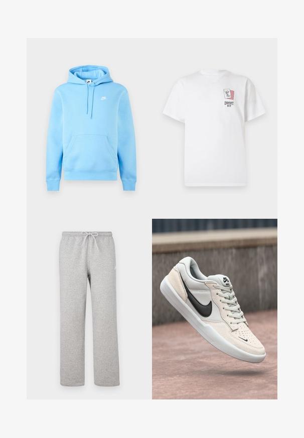 Sudadera con capucha Nike azul claro con bolsillo frontal, capucha ajustable con cordón y pequeño logo blanco de Nike en el pecho sobre un fondo liso.; Camiseta blanca de algodón con mangas cortas, que presenta un diseño gráfico de bolsillo con cartas de jugar y el texto "Carhartt WIP" en el frente.; Pantalones deportivos grises con cintura elástica y cordón ajustable. Fabricados con tela suave, cuentan con piernas rectas y un sutil detalle de logotipo.; Zapatilla Nike SB en gris claro y crema, con parte superior de ante, swoosh negro, detalles texturizados y suela de goma blanca.