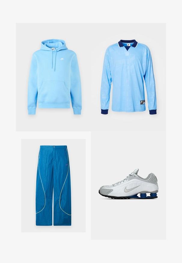 Sudadera con capucha Nike azul claro con bolsillo frontal, capucha ajustable con cordón y pequeño logo blanco de Nike en el pecho sobre un fondo liso.; Camisa polo de manga larga azul claro con collar y puños en azul marino, que presenta un sutil patrón por toda la prenda y la marca Nike en el dobladillo inferior.; Pantalones deportivos azules de pierna ancha con detalles reflectantes en amarillo y un pequeño logo rosa de Nike en el muslo derecho, cierre de botón y cremallera.; Zapatilla de running Nike en blanco y gris con el swoosh plateado, unidades de suela azul en forma de resorte y banda de rodadura negra sobre un fondo liso.