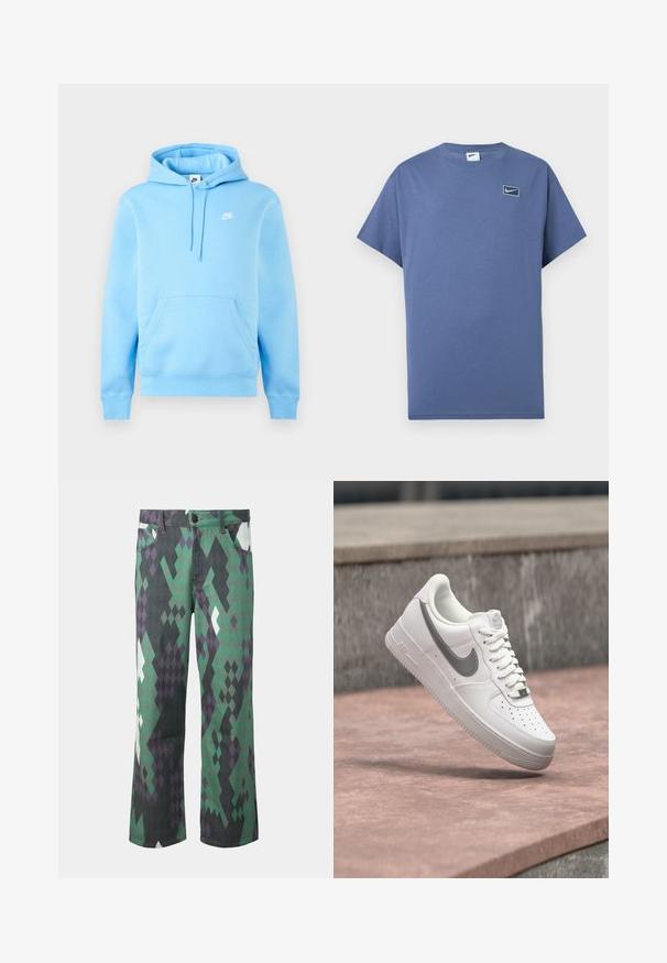 Sweat à capuche Nike bleu clair avec poche avant, capuche à cordon réglable et petit logo Nike blanc sur la poitrine sur un fond uni.; T-shirt bleu à manches courtes et col rond avec petit logo Nike swoosh à l'intérieur d'un carré arrondi sur le côté gauche de la poitrine.; Pantalon droit avec un motif géométrique en forme de losange vert, noir, violet et blanc, avec poches avant et fermeture par boutons.; Baskets blanches Nike Air Force 1 avec logo swoosh gris flottant au-dessus d'une surface en pierre et un mur en pierre gris en arrière-plan.