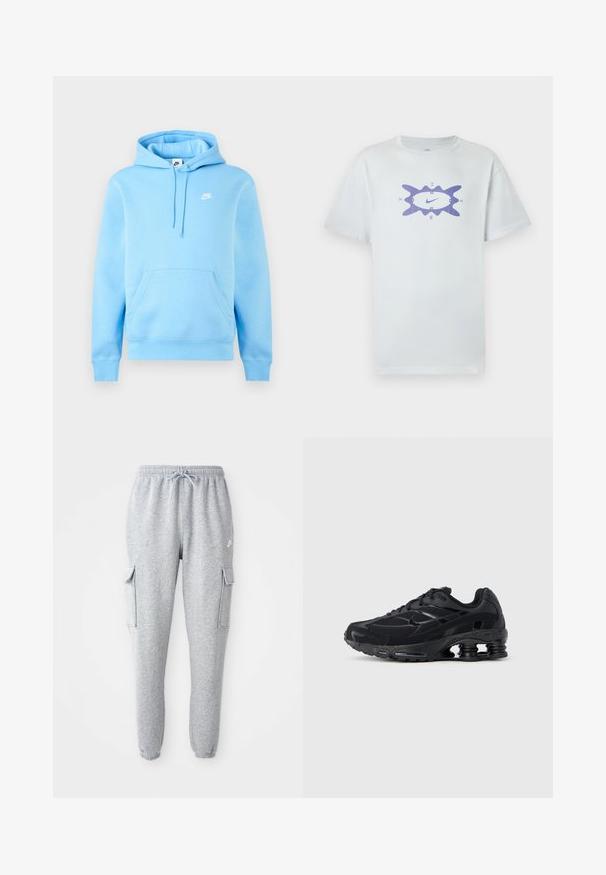 Lichtblauwe Nike hoodie met voorzak, verstelbare trekkoordkap en klein wit Nike-logo op de borst tegen een effen achtergrond.; Witte katoenen t-shirt met een losse pasvorm, voorzien van een paars grafisch ontwerp in het midden, omringd door een golvende omlijsting. Korte mouwen.; Grijze sweatpants van zachte stof, met een elastische tailleband met trekkoord, twee zijzakken en taps toelopende boorden.; Zwarte sportieve schoen met een bovenwerk van mesh, een gevoerde kraag en opvallende dempingstechnologie bij de hiel. Heeft gestructureerde accenten en veters.
