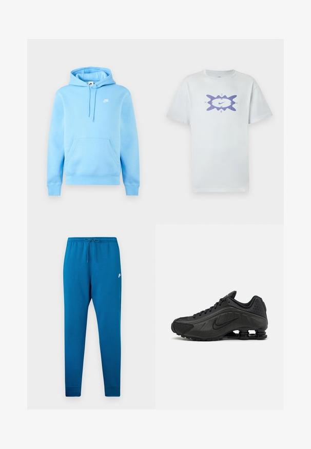 Svetlomodrá mikina s kapucňou Nike s predným vreckom, nastaviteľnou šnúrkou na kapucni a malým bielym logom Nike na hrudi na jednofarebnom pozadí.; Biele bavlnené tričko s voľným strihom, so stredným fialovým grafickým dizajnom, ktorý je obklopený vlnitým obrysom. Krátke rukávy.; Modré tepláky s elastickým pásom a nastaviteľným šnúrkami. Obsahujú biele logo na stehne a zúžené manžety pri členkoch.; Čierne bežecké topánky s hladkým syntetickým zvrškom, perforovanými akcentmi, textúrovanými bočnými panelmi a výraznou pružnou podrážkou.