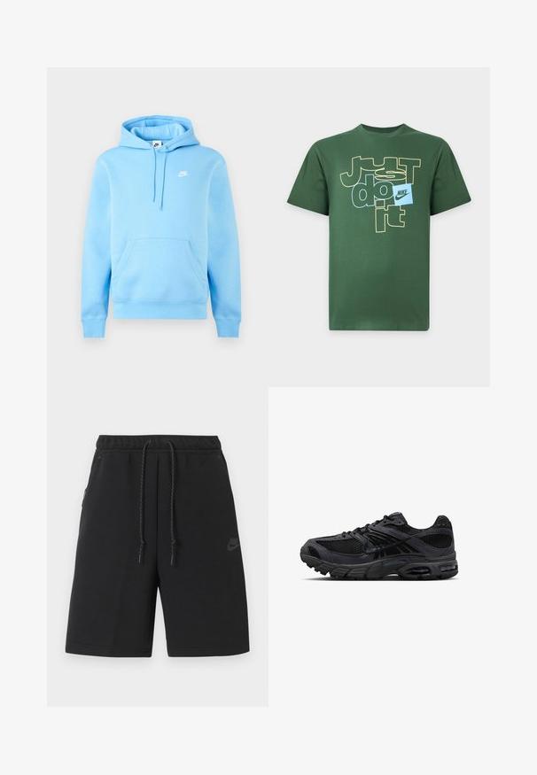 Ανοιχτό μπλε φούτερ με κουκούλα Nike με μπροστινή τσέπη, ρυθμιζόμενη κουκούλα με κορδόνι και μικρό λευκό λογότυπο Nike στο στήθος σε μονόχρωμο φόντο.; Πράσινο κοντομάνικο μπλουζάκι με το κείμενο "Just do it" σε κίτρινο και μπλε και ένα μικρό μπλε τετράγωνο με το λογότυπο της Nike μπροστά.; Μαύρο αθλητικό σορτς Nike με ελαστική μέση, κορδόνι ρύθμισης, πλαϊνές τσέπες και διακριτικό λογότυπο στο αριστερό μηρό.; Μαύρο και σκούρο γκρι αθλητικό παπούτσι Nike με ύφασμα mesh, επενδύσεις από σουέντ, μαξιλαρωμένη σόλα και ορατές μονάδες αέρα στη φτέρνα και στο μπροστινό μέρος του ποδιού.