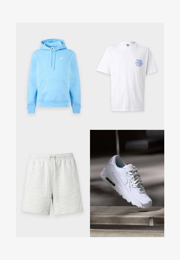 Ανοιχτό μπλε φούτερ με κουκούλα Nike με μπροστινή τσέπη, ρυθμιζόμενη κουκούλα με κορδόνι και μικρό λευκό λογότυπο Nike στο στήθος σε μονόχρωμο φόντο.; Άσπρο κοντομάνικο μπλουζάκι με μπλε λογότυπο "Dickies" και κείμενο στο αριστερό μέρος του στήθους, στρογγυλή λαιμόκοψη και μεσαίου μεγέθους ετικέτα μέσα στον γιακά.; Ανοιχτό γκρι βαμβακερά σορτς με ελαστική ζώνη μέσης και ρυθμιζόμενο κορδόνι. Διαθέτουν λευκή διακοσμητική λεπτομέρεια με λογότυπο στην κάτω αριστερή πλευρά.; Λευκό δερμάτινο αθλητικό παπούτσι με υφή στην επιφάνεια, επενδεδυμένο κολάρο και ορατή αεροστιβάδα στη σόλα. Περιλαμβάνει κορδόνια και μινιμαλιστικό σχέδιο.