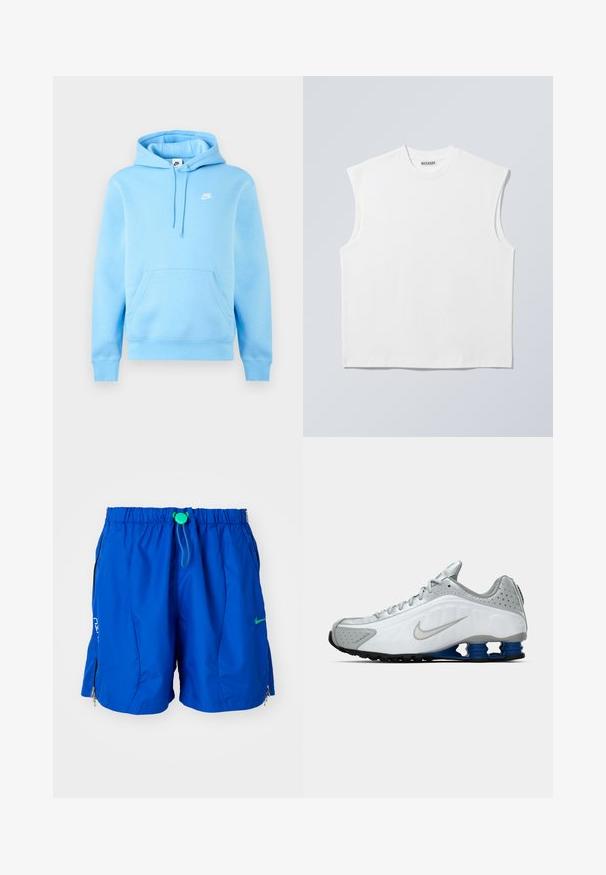 Svetlomodrá mikina s kapucňou Nike s predným vreckom, nastaviteľnou šnúrkou na kapucni a malým bielym logom Nike na hrudi na jednofarebnom pozadí.; Biely bezrukávnik z bavlny s okrúhlym výstrihom a štruktúrovanými ramenami, na štítku na golieri označený značkou "WEEKDAY", zobrazený na svetlosivom pozadí.; Modré športové plavky s elastickým pásom a nastaviteľnou šnúrkou. Obsahujú zipsové vrecká a logo na prednej strane.; Biele a šedé bežecké tenisky Nike so strieborným swooshom, modrými pružinovými podrážkami a čiernym dezénom na jednofarebnom pozadí.