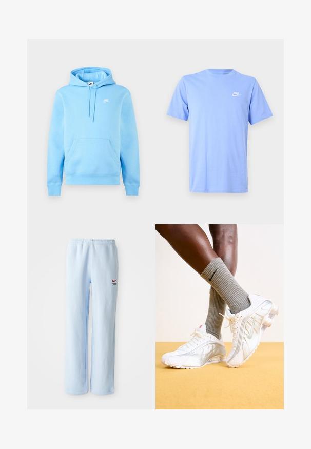 Hele sinine Nike kapuutsiga dressipluus esitasku, reguleeritava nööriga kapuutsiga ja väikese valge Nike logoga rinnal, ühtlase tausta ees.; Hele sinine puuvillast lühikeste varrukatega t-särk, ümar kaelus ja väike valge Nike'i logo vasakul rinnal. Sile tekstuur, igapäevane disain.; Heledad sinised dressipüksid elastse vaherindega, millel on väike punane Nike logo ja "Athletic Department" tekst. Pehme puuvillane materjal.; Nike tenisijad valgetes toonides, hõbedaste aktsentidega, tekstureeritud paneelide ja perforatsioonidega. Koos hallide ribadega sokkidega, kollasel taustal.