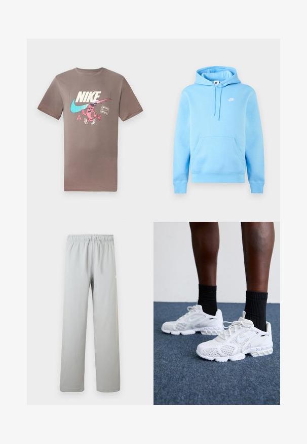 Sudadera con capucha Nike azul claro con bolsillo frontal, capucha ajustable con cordón y pequeño logo blanco de Nike en el pecho sobre un fondo liso.; Camiseta de algodón marrón con un gráfico colorido de un personaje con gafas de sol, junto a los logos de Nike y Air en colores contrastantes.; Pantalones casual gris claro con cintura elástica y cordón, pierna recta, aptos para uso diario.; Zapatillas deportivas blancas con parte superior de malla, acentos texturizados y suela acolchada. Combinadas con calcetines cortos de canalé negros sobre una superficie de moqueta azul.